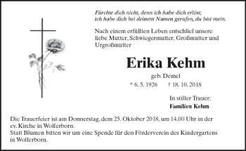 Traueranzeige von Erika Kehm von  Kreisanzeiger