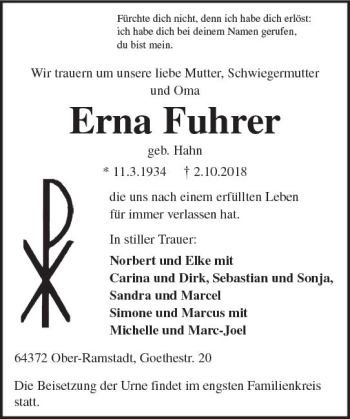 Traueranzeige von Erna Fuhrer von vrm-trauer