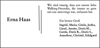Traueranzeige von Erna Haas von vrm-trauer