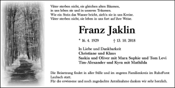 Traueranzeige von Franz Jaklin von  Kreisanzeiger