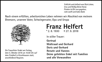 Traueranzeige von Fraz Helfert von vrm-trauer