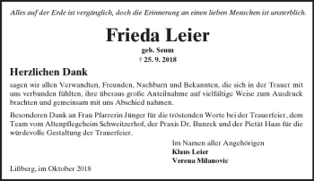 Traueranzeige von Frieda Leier von  Kreisanzeiger