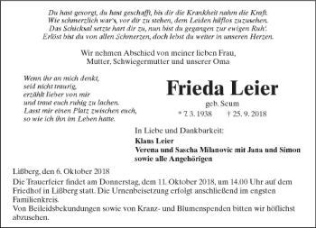 Traueranzeige von Frieda Leier von  Kreisanzeiger