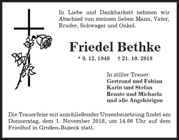 Traueranzeige von Friedel Bethke von  Gießener Anzeiger