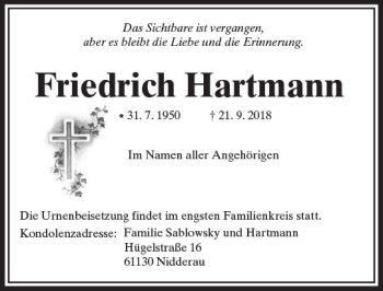 Traueranzeige von Friedrich Hartmann von  Kreisanzeiger