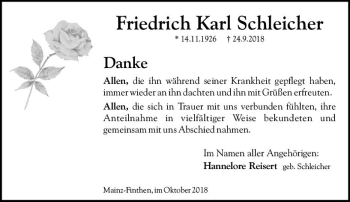Traueranzeige von Friedrich Karl Schleicher von vrm-trauer