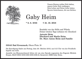 Traueranzeige von Gaby Heim von vrm-trauer