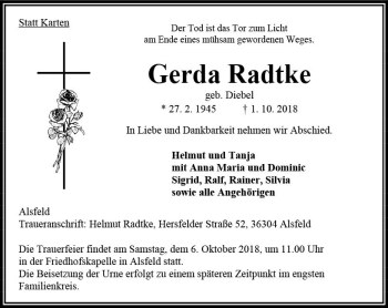 Traueranzeige von Gerda Radtke von VRM Trauer