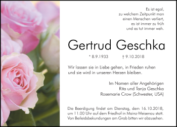 Traueranzeige von Gertrud Geschka von vrm-trauer