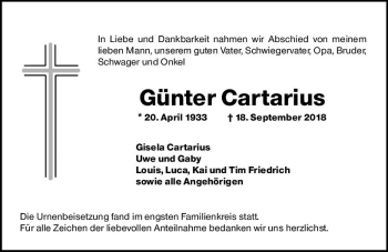 Traueranzeige von Günter Cartarius von vrm-trauer
