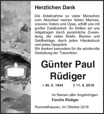 Traueranzeige von Günter Paul Rüdiger von  Kreisanzeiger