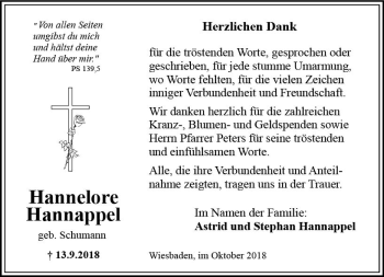 Traueranzeige von Hannelore Hannappel von vrm-trauer