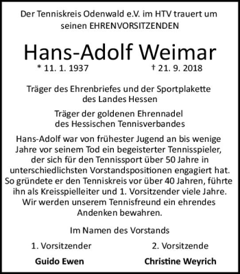Traueranzeige von Hans-Adolf Weimar von vrm-trauer
