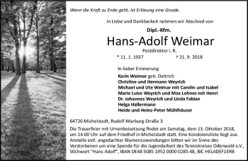 Traueranzeige von Hans-Adolf Weimar von vrm-trauer