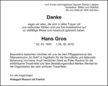 Traueranzeige von Hans Gros von vrm-trauer
