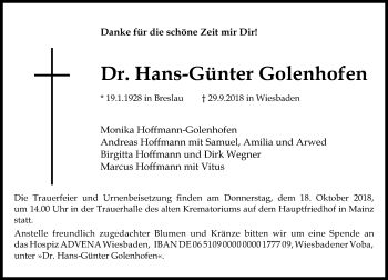 Traueranzeige von Hans-Günter Golenhofen von vrm-trauer