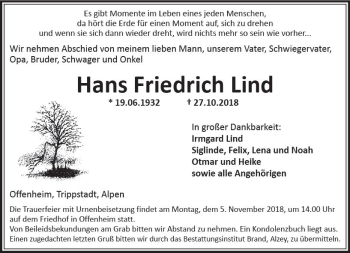 Traueranzeige von Hans Friedrich Lind von vrm-trauer