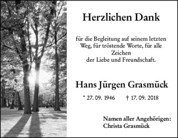 Traueranzeige von Hans Jürgen Grasmück von vrm-trauer