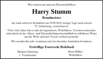 Traueranzeige von Harry Stumm von  Kreisanzeiger