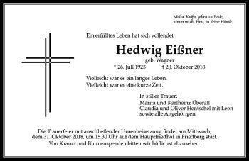 Traueranzeige von Hedwig Eißner von  Gießener Anzeiger