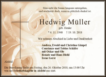 Traueranzeige von Hedwig Müller von VRM Trauer