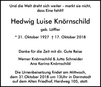 Traueranzeige von Hedwig Luise Knörnschild von vrm-trauer