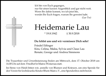 Traueranzeige von Heidemarie Lau von vrm-trauer