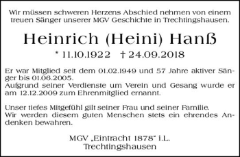 Traueranzeige von Heinrich Hanß von vrm-trauer