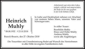 Traueranzeige von Heinrich Muhly von  Gießener Anzeiger