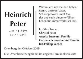 Traueranzeige von Heinrich Peter von  Kreisanzeiger