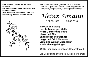 Traueranzeige von Heinz Amann von vrm-trauer