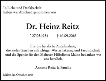 Traueranzeige von Heinz Reitz von vrm-trauer