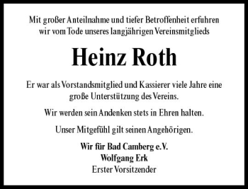 Traueranzeige von Heinz Roth von  Camberger Anzeiger