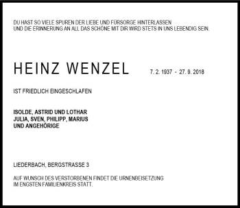 Traueranzeige von Heinz Wenzel von VRM Trauer