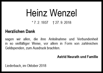 Traueranzeige von Heinz Wenzel von VRM Trauer