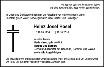 Traueranzeige von Heinz Josef Hasel von vrm-trauer