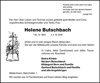Traueranzeige von Helene Butschbach von vrm-trauer
