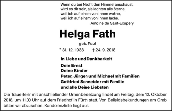 Traueranzeige von Helga Fath von vrm-trauer
