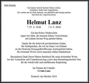 Traueranzeige von Helmut Lanz von VRM Trauer