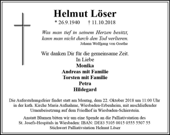 Traueranzeige von Helmut Löser von vrm-trauer