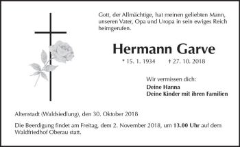 Traueranzeige von Hermann Garve von  Kreisanzeiger