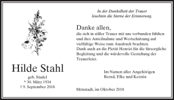 Traueranzeige von Hilde Stahl von  Usinger Anzeiger