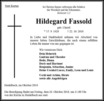 Traueranzeige von Hildegard Fassold von VRM Trauer