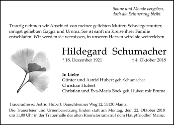Traueranzeige von Hildegard Schumacher von vrm-trauer