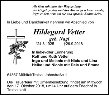 Traueranzeige von Hildegard Vetter von vrm-trauer