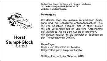 Traueranzeige von Horst Stumpf-Glock von  Gießener Anzeiger
