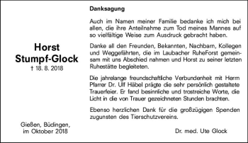 Traueranzeige von Horst Stumpf-Glock von  Kreisanzeiger
