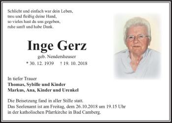 Traueranzeige von Inge Gerz von  Camberger Anzeiger