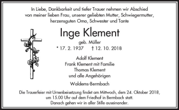 Traueranzeige von Inge Klement von  Camberger Anzeiger