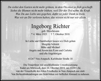 Traueranzeige von Ingeborg Richter von  Usinger Anzeiger